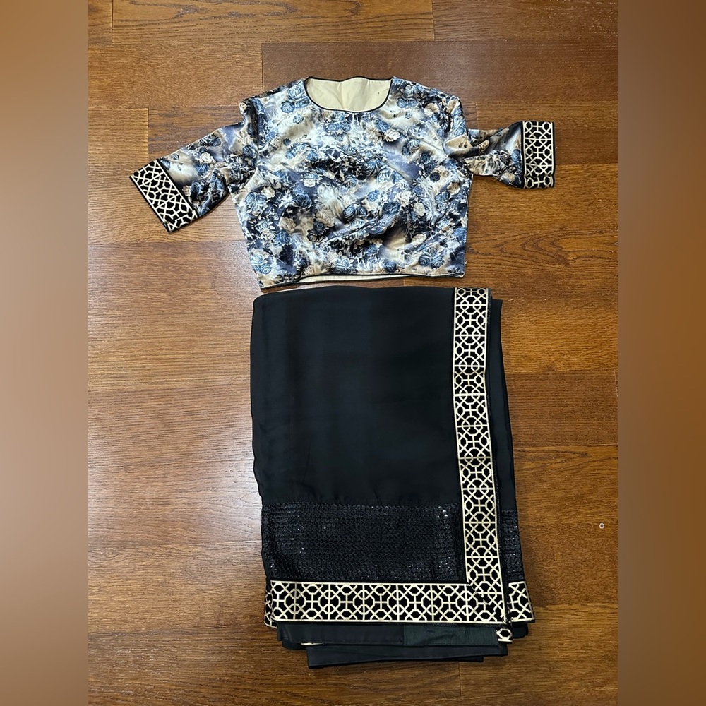 Black Sari with Floral Velvet Blouse